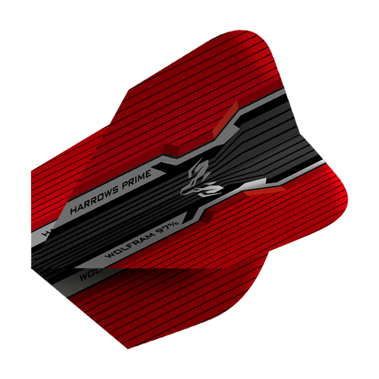 HR7514_Harrows_Prime_Wolfram_Infinity_No2_Standard_Flights_2 Das Bild zeigt einen Harrows Prime Wolfram Infinity No2 Standard Flight in den Farben Rot und Schwarz. Auf dem Flight sind die Aufschriften "HARROWS PRIME" und "WOLFRAM 97%" zu sehen.