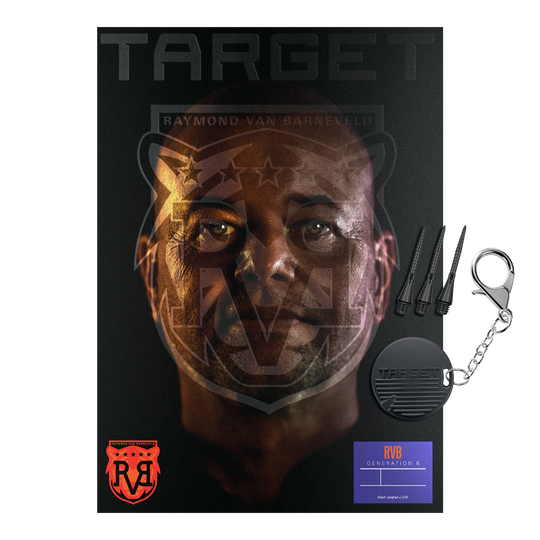 Target freccette morbide Raymond Van Barneveld GEN6 Zu sehen sind die Target Raymond Van Barneveld GEN6 Softdarts. Die Darts werden im Detail von der Seite dargestellt.