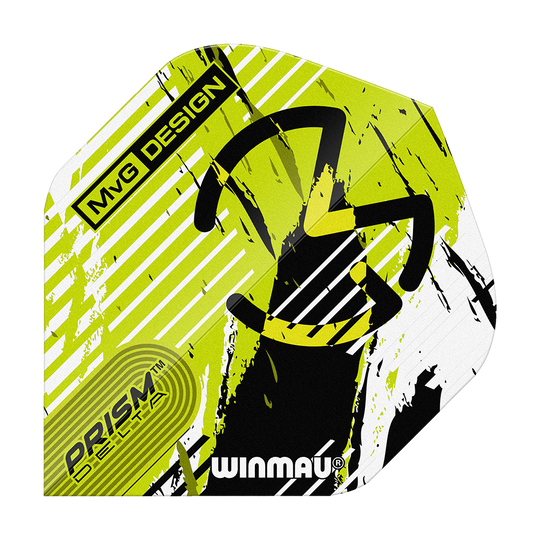 Winmau Delta Michael Van Gerwen Prisma 03 Voli standard Das Bild zeigt ein Winmau Delta Michael Van Gerwen Prism 03 Standard Flight. Das Design ist in Gelb, Schwarz und Weiß gehalten und trägt die Aufschrift „MvG Design“ sowie „Prism Delta“.
