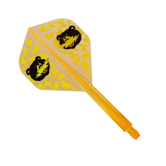 Condor Axe Black Bear Miyu Miyawaki Flight-Shaft Neon Orange - Standard Das Bild zeigt einen Dartpfeil-Flug mit einer orangenen Neon-Schafthülse. Auf dem gelben Flight sind zwei Bärenköpfe und gelbe Zickzackmuster abgebildet.