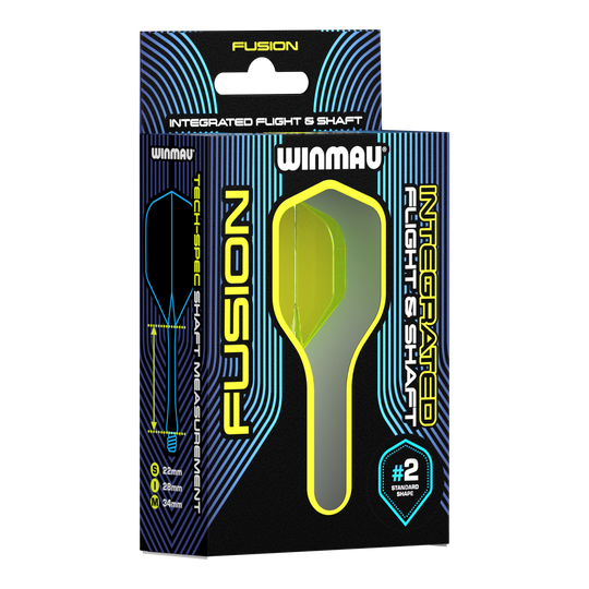 Sistema di alberi di volo Winmau Fusion standard giallo Auf dem Bild ist eine Verpackung des Winmau Fusion Integrated Flight & Shaft Systems zu sehen. Die abgebildeten Flights und Shafts sind in Gelb und haben eine Länge von 22 mm.