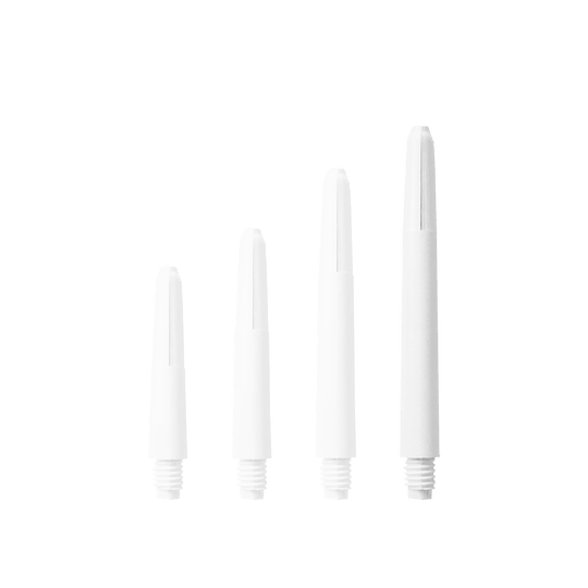583_Nylon_Shafts_Schneeweiss_48mm_1eEErGS77u6PLx Das Bild zeigt vier weiße Nylon-Schäfte in verschiedenen Längen. Sie sind gerade nebeneinander angeordnet und haben ein Gewinde am unteren Ende.