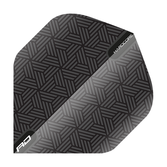 TF6428_Red_Dragon_Hardcore_Black_Standard_Flights_1R5thLoxjM4E6v Das Bild zeigt ein Set von Red Dragon Hardcore Black Standard Flights. Die Flights haben ein schwarzes, geometrisches Muster mit den Aufschriften "RD" und "Hardcore".