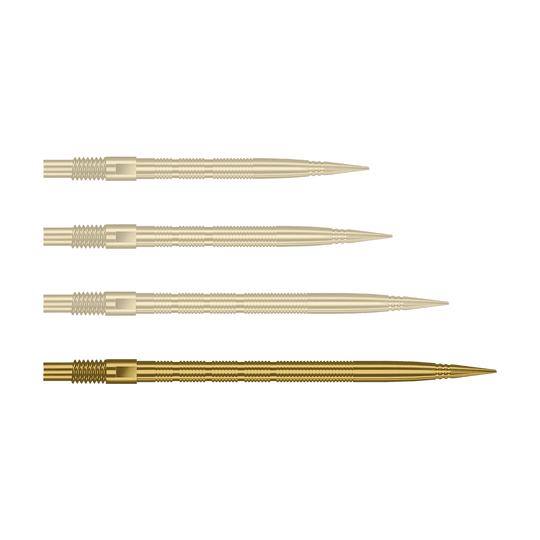Hier sieht man eine einzelne Harrows Quick Point MicroRidge Dartspitze in Gold, 40mm. Sie liegt auf einem hellen Hintergrund.