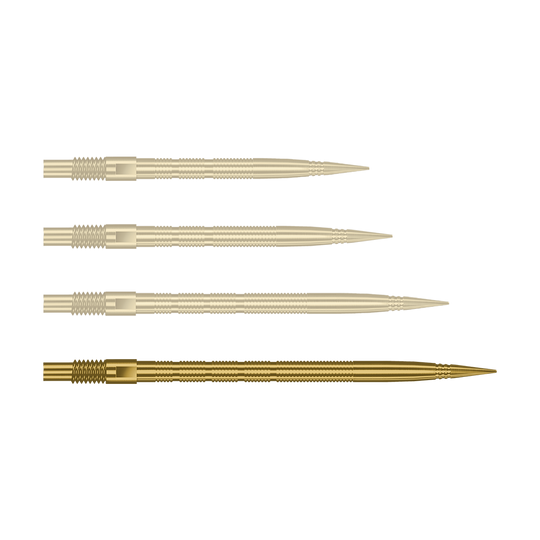 Harrows Quick Point Micro Ridge Dartspitzen - Gold Hier sieht man eine einzelne Harrows Quick Point MicroRidge Dartspitze in Gold, 40mm. Sie liegt auf einem hellen Hintergrund.