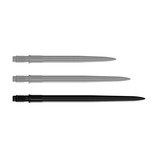 Abgebildet ist eine einzelne schwarze Dartspitze mit einer Länge von 40mm. Es handelt sich um Mission R25 Rapid Point SM1 Dartspitzen.