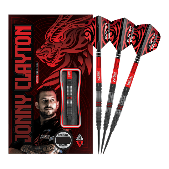 Dardos de acero Red Dragon Jonny Clayton Hiraeth Das Bild zeigt das Produkt "Red Dragon Jonny Clayton Hiraeth Steeldarts" mit drei Steeldarts und einer auffälligen Verpackung. Auf der Verpackung sind ein Porträt von Jonny Clayton und ein roter Drachen abgebildet.