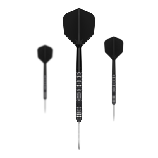 Dardos de acero Target Japan Black Marque Draco GEN2 Das Bild zeigt drei schwarze Steeldarts des Modells „Target Japan Black Marque Draco GEN2“. Die Pfeile haben eine metallische Spitze und ein elegantes, gerilltes Design am Griff.