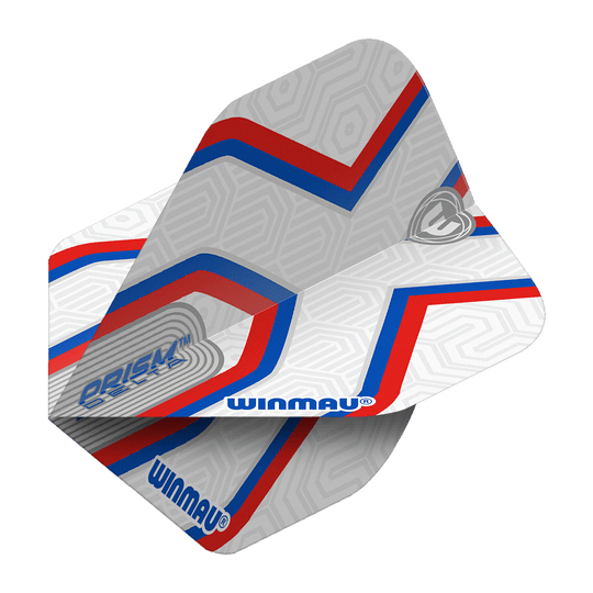 Das Bild zeigt die Winmau Prism Delta Epix No2 Standard Flights. Die Flights sind hauptsächlich weiß mit roten und blauen Streifen sowie dem Winmau-Logo.