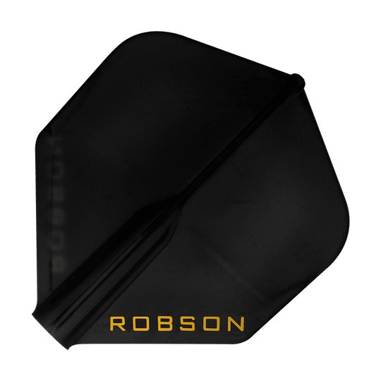 Dies ist ein schwarzes Dartflight mit der Aufschrift "ROBSON" in gelber Farbe. Das Flight hat eine Standardform und wirkt robust.