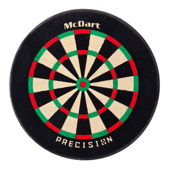 Porte-fléchettes McDart Precision Mini Dartboard Das Bild zeigt eine kleine, runde Dartscheibe mit der Aufschrift „McDart“ und „PRECISION“. Die Scheibe hat die klassischen Farben Weiß, Schwarz, Rot und Grün.