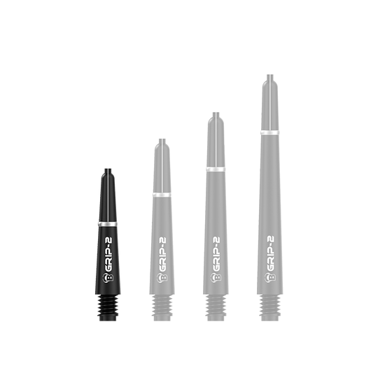 BS55081_Bulls_B-Grip-2_SL_Shafts_Schwarz_28mm_1vCrZ6Xj5sRYNT Das Bild zeigt vier schwarze Bulls B-Grip-2 SL Shafts in unterschiedlichen Längen. Sie sind für Dartpfeile gedacht und haben ein schlichtes, modernes Design.