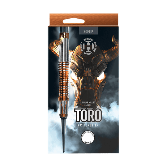 HA33850_Harrows_Toro_Softdarts_3 Die Verpackung zeigt einen Softtip-Dartpfeil der Marke Harrows mit dem Namen "TORO". Im Hintergrund ist ein stilisierter Stierkopf zu sehen, und auf der Verpackung steht "90% Tungsten".