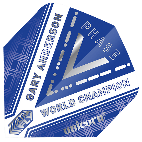 69450_p1 Dieses Bild zeigt ein blau-weißes Dartflight mit dem Namen "Unicorn Ultrafly 100 Bw Gary Anderson WC P5 Flights". Auf dem Flight stehen die Worte "Gary Anderson", "World Champion" und "Phase".