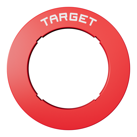 Obložení terče s vroubkovaným terčem Eine rote Dartboard-Umrandung ist zu erkennen. Die Form ist rund und die Farbe auffällig.