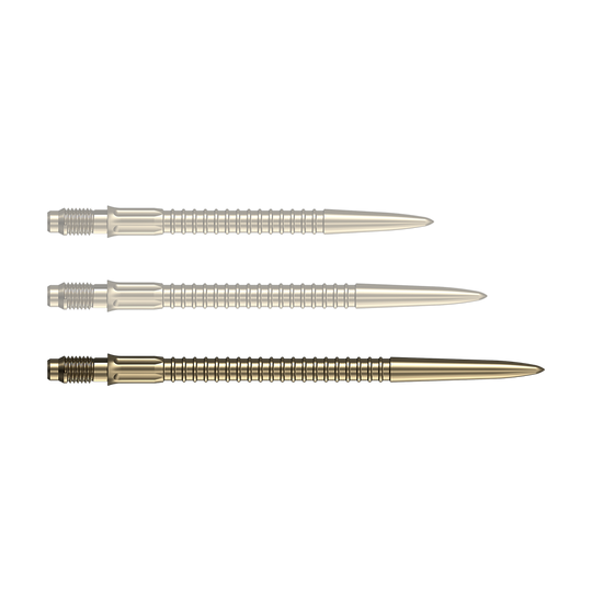 Zu sehen ist eine einzelne goldene Dartspitze der Serie Mission R25 Rapid Point mit 40mm Länge. Die Spitze ist für den Einsatz beim Dartspiel geeignet.