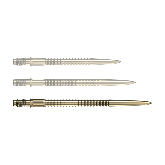 Mission R2.5 Rapid Point GV1 Dartspitzen - Gold Zu sehen ist eine einzelne goldene Dartspitze der Serie Mission R25 Rapid Point mit 40mm Länge. Die Spitze ist für den Einsatz beim Dartspiel geeignet.