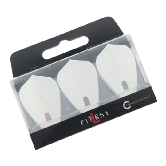 L-Style Champagne L4PRO Kite Flights Das Bild zeigt eine Packung mit drei weißen Dartflights in Kite-Form. Die Verpackung hat ein schwarzes Etikett mit der Aufschrift "Flight".