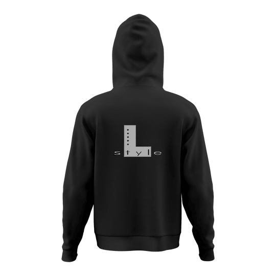 L-Style Hoodie - Schwarz Der Hoodie ist schwarz und hat auf dem Rücken ein großes "L style"-Logo in Grau. Das Design ist schlicht und modern gehalten.