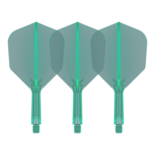 System lotu Target K-Flex No6 – zielony Auf dem Bild sind drei grüne Dartflights mit integriertem Schaft zu sehen. Sie stehen nebeneinander und haben eine transparente Optik.