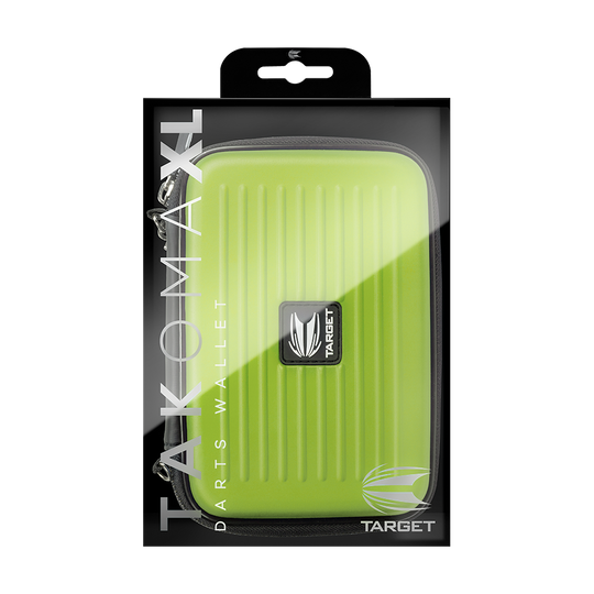 125858_Target_Takoma_XL_Dartwallet_Gr-n_3 Das Bild zeigt das Produkt "Target Takoma XL Dartwallet" in einer Verpackung. Das Dartwallet ist grün und hat ein modernes, geriffeltes Design mit dem Target-Logo in der Mitte.
