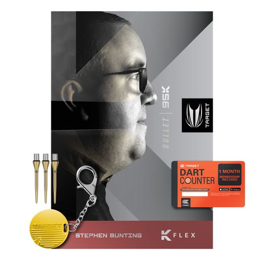 Dardos blandos Target Stephen Bunting 95K - 19 g Das Bild zeigt das Produkt "Target Stephen Bunting 95K Softdarts - 19g" mit Zubehör wie Dartspitzen, Schlüsselanhänger und einer Dart Counter Karte. Im Hintergrund ist ein Porträt von Stephen Bunting zu sehen.