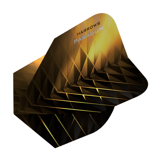 HR7605_Harrows_Paragon_Gold_No2_Standard_Flights_2 Das Bild zeigt das Produkt "Harrows Paragon Gold No2 Standard Flights". Das Flight hat ein geometrisches, gold-schwarzes Design mit dem Markennamen aufgedruckt.