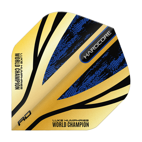 Red Dragon Hardcore Premium Luke Humphries Zlaté standardní lety Das Bild zeigt das Produkt "Red Dragon Hardcore Premium Luke Humphries Gold Standard Flights". Die Darts-Flights sind gold, blau und schwarz und tragen die Aufschrift "WORLD CHAMPION" und "HARDCORE".