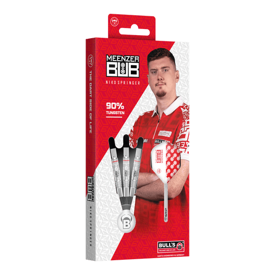 Bulls Niko Springer Softdarts - 22g Auf dem Bild ist die Verpackung der "Bulls Niko Springer Softdarts - 22g" zu sehen. Die Packung zeigt drei Dartpfeile und ein Portrait von Niko Springer.