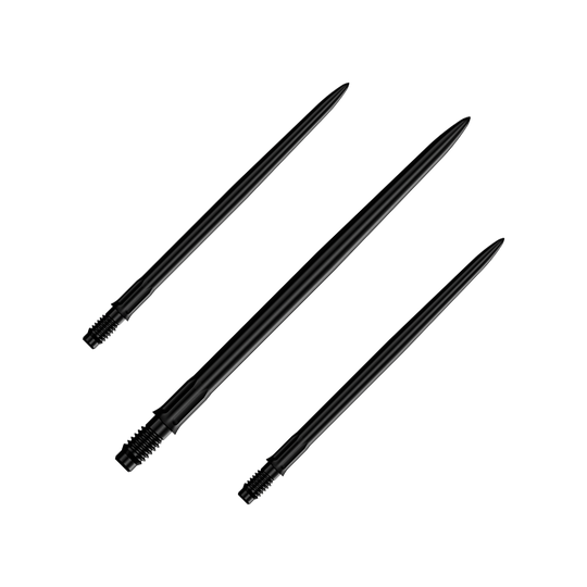 Das Bild zeigt ein Set schwarzer Dartspitzen mit einer Länge von 40mm. Es sind Mission R25 Rapid Point SM1 Dartspitzen abgebildet.