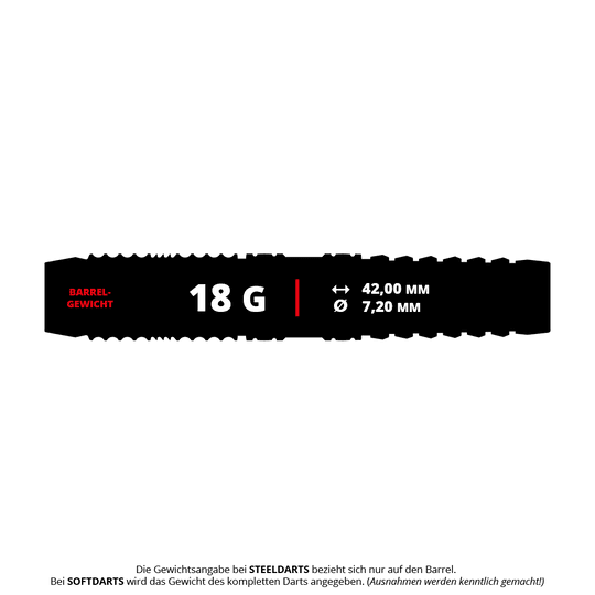 Dardos blandos Target Japan Prime Series Diamond GEN3 - 18 g Das Bild zeigt die Produktspezifikationen der "Target Japan Prime Series Diamond GEN3 Softdarts - 18g". Die Darts haben ein Gewicht von 18 Gramm, eine Länge von 42,00 mm und einen Durchmesser von 7,20 mm.