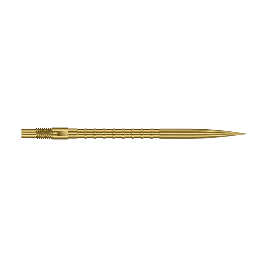 Das Foto zeigt eine 40 mm lange Harrows Quick Point Heavy Metal Grip Dartspitze in Gold. Die Spitze hebt den strukturierten Griff hervor.