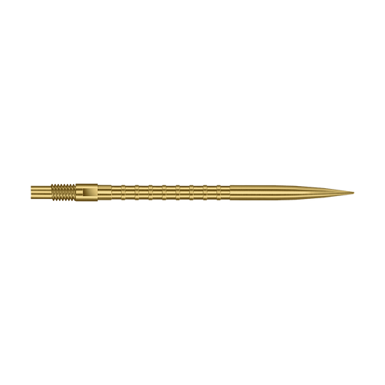 Harrows Quick Point Heavy Metal Dartspitzen - Gold Das Foto zeigt eine 40 mm lange Harrows Quick Point Heavy Metal Grip Dartspitze in Gold. Die Spitze hebt den strukturierten Griff hervor.