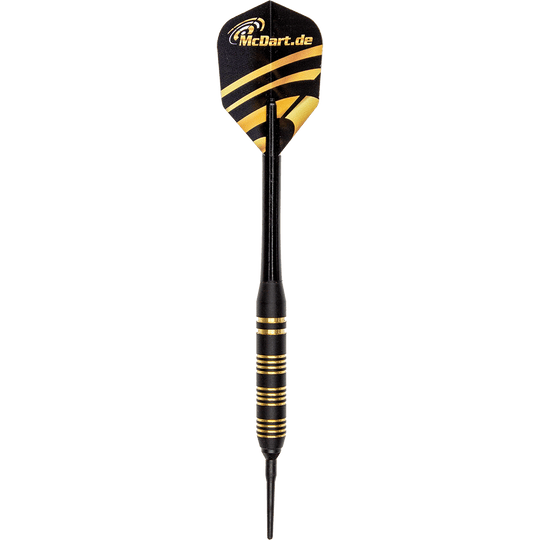 SO20-5_Royal_Softdarts_10OoFS3wTGdwFr Das Bild zeigt einen Royal Softdart mit einem Gewicht von 17g. Der Dart ist schwarz mit goldenen Akzenten und hat eine Spitze aus Kunststoff.