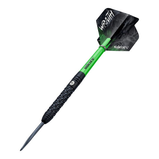 Stalowe lotki Unicorn Wraith Das Bild zeigt einen Unicorn Wraith Steeldart mit einem schwarzen und grünen Design. Auf den Flights stehen die Wörter "WRAITH" und "unicorn".