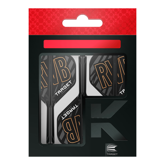 Targetový K-Flex Standardní letový hřídel Raymond Van Barneveld No2 Auf dem Bild ist eine Verpackung mit Dartflights und -schäften der Marke Target zu sehen. Die Flights tragen die Buchstaben "RVB" und sind schwarz-weiß mit orangener Schrift gestaltet.