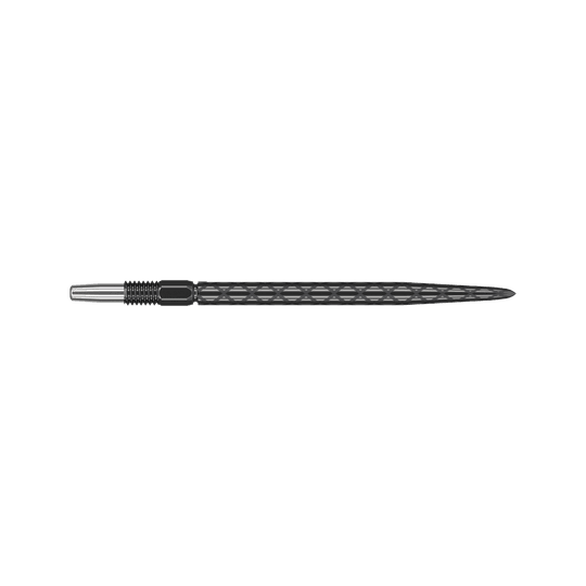 Pointes de fléchettes Target Swiss Diamond Pro Black Points Das Bild zeigt eine schwarze Dartspitze mit rautenförmiger Struktur. Sie ist lang und schmal mit einem silbernen Gewinde am Ende.