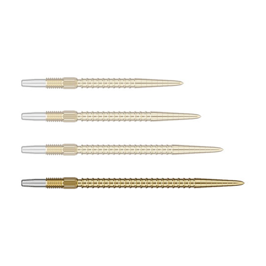 Auf dem Bild sind vier goldfarbene Dartspitzen nebeneinander zu sehen. Die Spitzen haben ein geriffeltes Muster und silberne Enden.