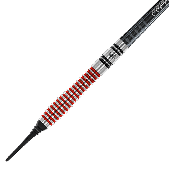 2452_Winmau_Dennis_Priestley_Special_Edition_Softdarts_2 Der Winmau Dennis Priestley Special Edition Softdart wiegt 22 Gramm. Er hat einen silbernen Barrel mit roten und schwarzen Rillen.