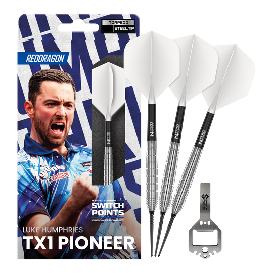 Red Dragon Luke Humphries TX1 Pioneer Switch Point Steeldarts Dieses Bild zeigt die Red Dragon Luke Humphries TX1 Pioneer Switch Point Steeldarts in voller Ansicht. Die Darts sind für Präzision und hohe Leistung bekannt.
