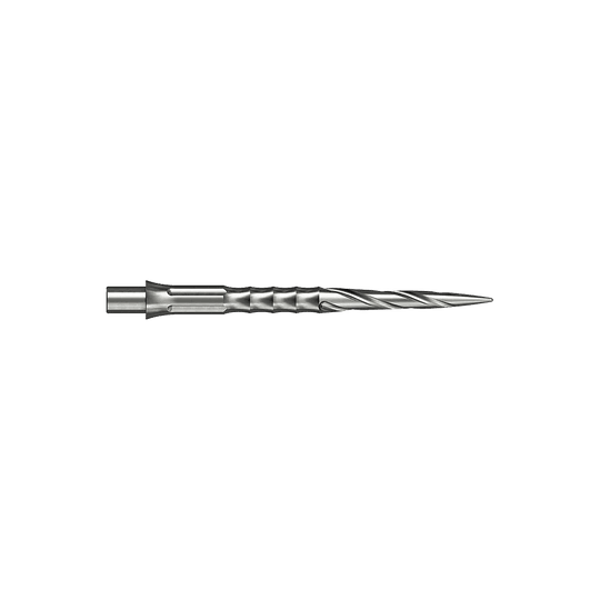 Pointes de fléchettes en acier Caliburn System - Spiro - NoLip - argent Zwei silberne Steeldartspitzen sind abgebildet. Die Spitzen sind 30 mm lang und haben ein Spiro NoLip Design.