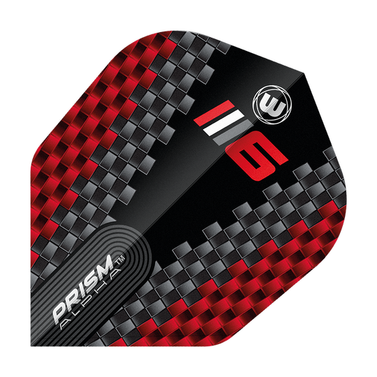 Voli Winmau Prism Alpha Blade 6 Chevron No6 Das Bild zeigt ein Dart-Flight mit einem modernen, roten und grauen Karomuster. Auf dem Flight stehen die Worte "PRISM ALPHA" sowie die Zahl "6" und das Winmau-Logo.