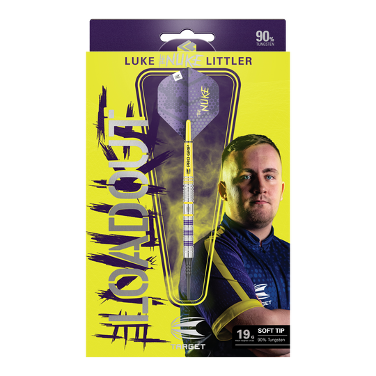 Target Luke Littler Loadout Softdarts - 19g Das Bild zeigt die Verpackung der "Target Luke Littler Loadout Softdarts - 19g". Auf der Packung ist ein Dartpfeil sowie ein Bild von Luke Littler zu sehen.