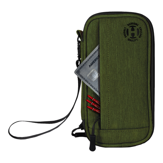 Harrows Smart Case Dartwallet Eine Darttasche mit robustem Außenmaterial und Zipper wird vorgestellt. Die Tasche ist halb geöffnet.