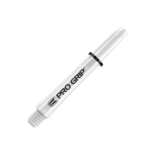 Target Pro Grip Shafts - 3 Sets - White Dies ist ein weißer Dart-Schaft mit der Aufschrift "PRO GRIP". Er hat ein glattes Design und ist am oberen Ende mit einem schwarzen Ring versehen.