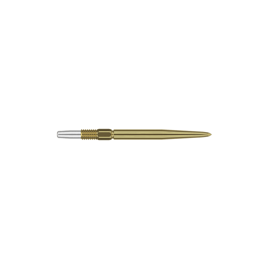 Target Swiss Point Gold Dartspitzen Das Bild zeigt eine goldfarbene Dartspitze mit feinen Rillen. Links befindet sich ein silbernes Schraubgewinde zur Befestigung.