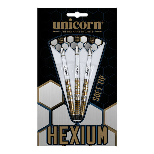 Unicorn Hexium Style 03 Gold & Black Soft Darts - 23g Abgebildet sind die Unicorn Hexium Style 03 Gold & Black Softdarts mit 23g. Die Pfeile zeichnen sich durch ihr elegantes Design in Gold und Schwarz aus.