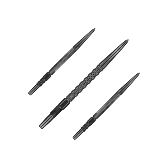 Target Swiss Point GRD Black Dartspitzen Das Bild zeigt drei schwarze Dartspitzen des Produkts "Target Swiss Point GRD Black Dartspitzen". Die Spitzen haben eine strukturierte Oberfläche für besseren Halt.