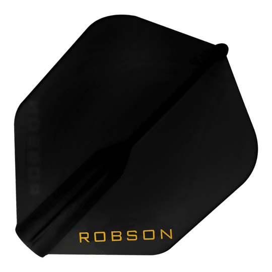 Voli Robson Plus - NO6 Auf dem Bild ist ein schwarzes Dart-Flight zu sehen. In einer Ecke steht das Wort "ROBSON" in gelber Schrift.
