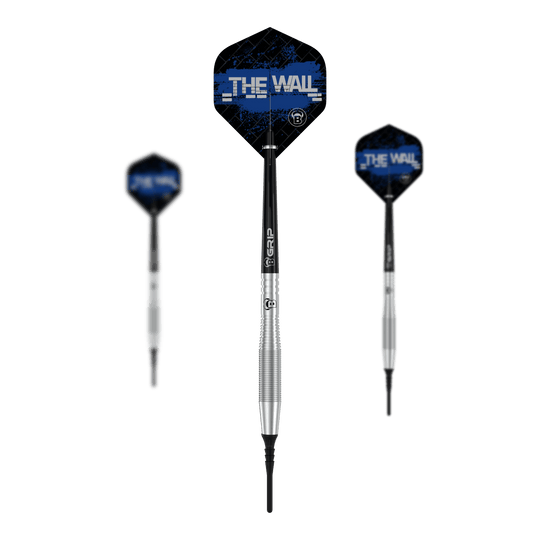 Měkké šipky Bulls Martin Schindler TW80 - 18g Das Bild zeigt drei Softdarts des Modells "Bulls Martin Schindler TW80" mit einem Gewicht von 18g. Die Flights der Darts sind schwarz-blau und tragen die Aufschrift "THE WALL".
